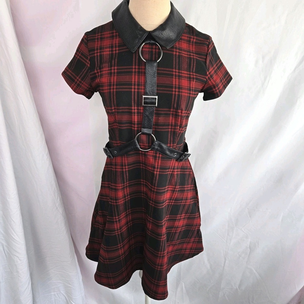 Killstar Disgrace Skater Dress Womens Size M Red Tartan Plaid Black Harness Goth